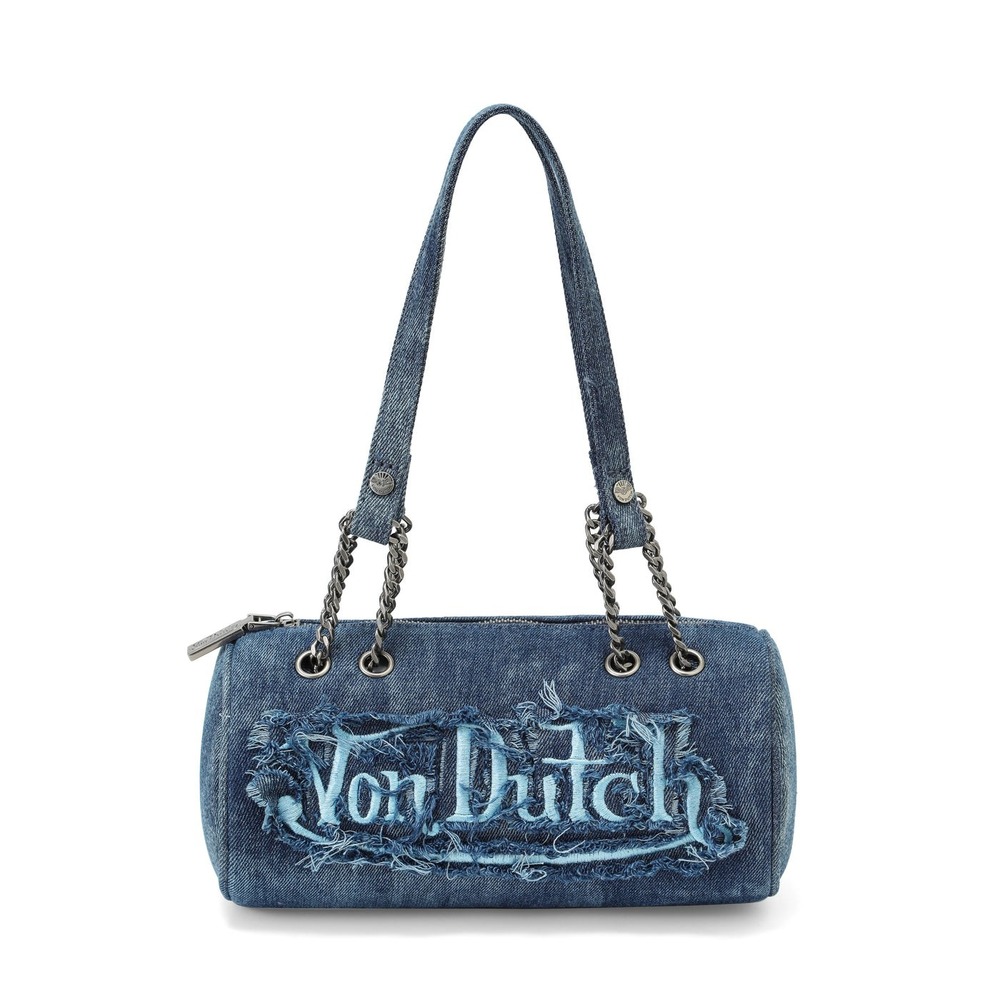 Von Dutch Blue Denim Barrel Bag Frayed Logo Y2K Streetwear Small Handbag